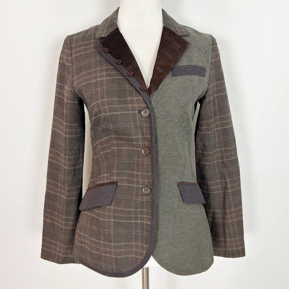 Sundance Blazer Jacket Brown Plaid Mixed Media Leather Lapel Size XS Womens
